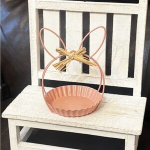 Pink Metal Bunny Basket with Raffia Bow